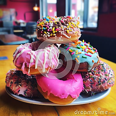 AI-generated illustration of a stack of multi-colored donuts on a plate Cartoon Illustration