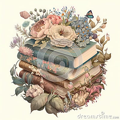 AI generated illustration of a stack of vintage books with flowers Cartoon Illustration