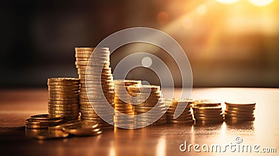 AI generated illustration of stacks of gold coins on a bright background Cartoon Illustration