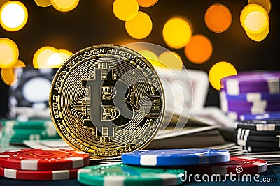 two stacks of poker chips next to a bitcoin and chips Cartoon Illustration