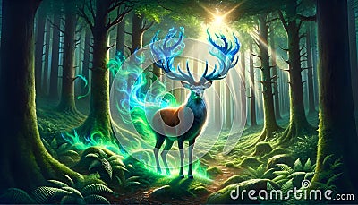 AI generated illustration of a stag with sapphire antlers, a green bushy fire tail and a stoic pose Cartoon Illustration