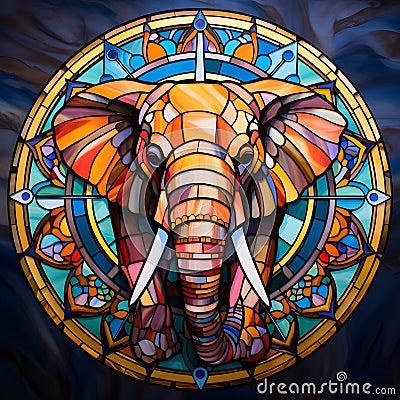 AI generated illustration of a stained glass portrait of an elephant against an abstract background Cartoon Illustration