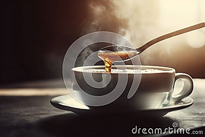 AI generated illustration of A stainless steel spoon with honey being pored in a white cup Cartoon Illustration