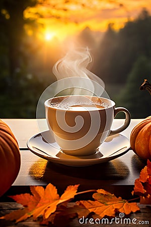 AI generated illustration of a steaming hot cup of coffee in a cozy autumn country setting Cartoon Illustration