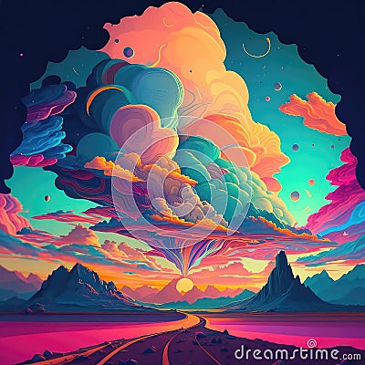 AI generated illustration of a stunning abstract landscape featuring a dreamy sunset Cartoon Illustration