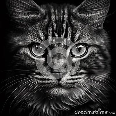 AI-generated illustration of a stunning black-and-white portrait of a cat with captivating eyes. Cartoon Illustration