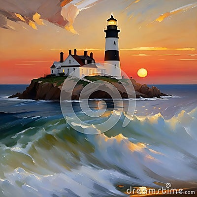 AI generated illustration of A stunning painting of a lighthouse situated on a shoreline Cartoon Illustration