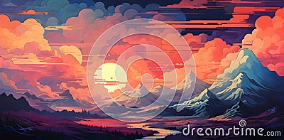 AI generated illustration of a stunning, picturesque sunset over a majestic mountainous landscape Cartoon Illustration