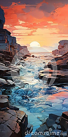 AI generated illustration of a stunning sunset over a tranquil ocean landscape Cartoon Illustration