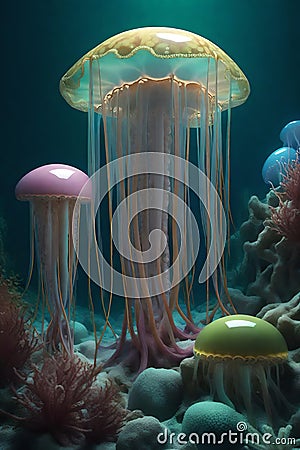 AI generated illustration of A stunning underwater scene featuring a mesmerizing jellyfish Cartoon Illustration