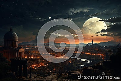 AI generated illustration of a stunningly beautiful night city skyline under the light of a moon Cartoon Illustration