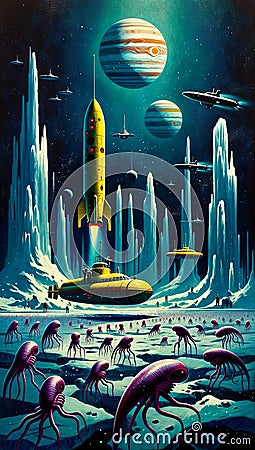 a painting of an alien city surrounded by animals and aliens Cartoon Illustration