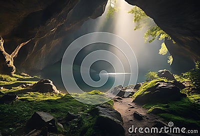 AI generated illustration of A sun-drenched cave with lush green grass and a pond Cartoon Illustration