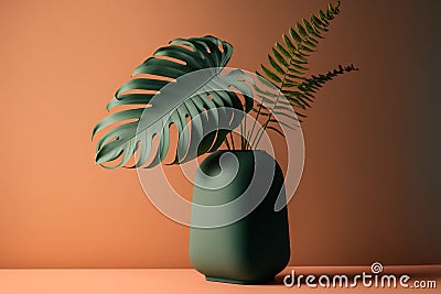 AI generated illustration of a Swiss cheese plant in a vase on an orange background Cartoon Illustration