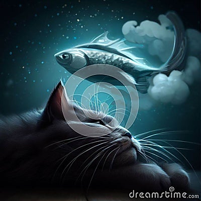 AI generated illustration of a tabby cat staring up at a fish swimming in the water next to it Cartoon Illustration