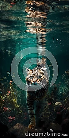 AI generated illustration of a tabby cat walking under the water surrounded with seaweed Cartoon Illustration