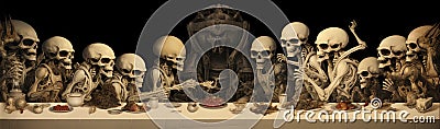 AI generated illustration of a table set with skeletal guests having a lively feast on Halloween Cartoon Illustration