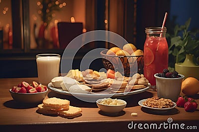 AI-generated illustration of a table with a variety of fruits, cookies, and a bottle of juice Cartoon Illustration