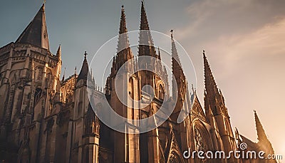 AI generated illustration of a tall church with multiple spires Cartoon Illustration