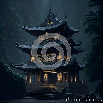 AI generated illustration of a tall, majestic pagoda surrounded by lush trees Cartoon Illustration