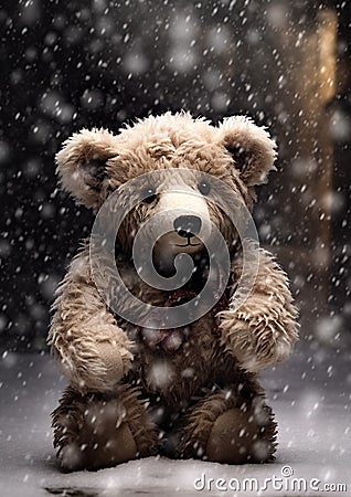 AI generated illustration of A teddy bear standing in a street with snow falling in the background Cartoon Illustration