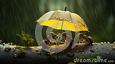 AI generated illustration of three ants in the rain under a small yellow umbrella on a log Cartoon Illustration