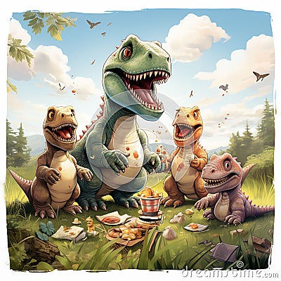 AI generated illustration of three dinosaurs enjoying a meal in a lush meadow Cartoon Illustration