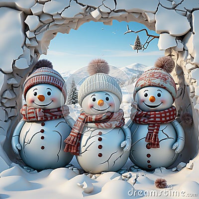 AI generated illustration of three festive snowmen adorned with hats and scarves in winter Cartoon Illustration