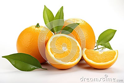 AI-generated illustration of three freshly cut oranges arranged in a group on a white backdrop Cartoon Illustration