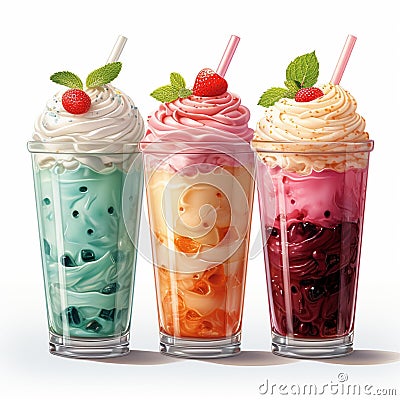 AI generated illustration of three glasses of colorful beverages decorated with fresh strawberries Cartoon Illustration