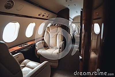 AI generated illustration of Three luxurious leather chairs in a modern, private airplane Cartoon Illustration