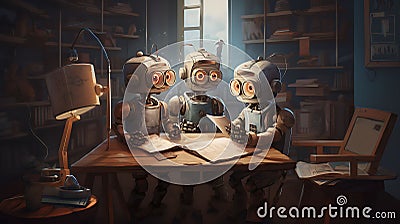 AI generated illustration of three robotic machines learning in a room with bookshelves Cartoon Illustration