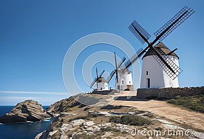 AI generated illustration of Three traditional-style windmills standing atop a hill Cartoon Illustration