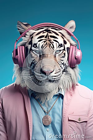 AI generated illustration of a tiger wearing headphones and sunglasses on a blue background Cartoon Illustration