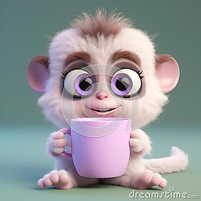 a small animal is holding up a pink cup to drink Cartoon Illustration