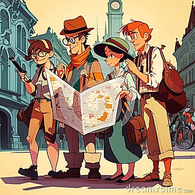 AI generated illustration of tourists consulting a map and trying to find the way, line drawing styling Cartoon Illustration