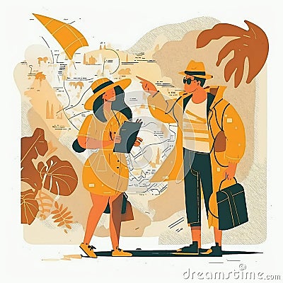 AI generated illustration of tourists consulting a map and trying to find the way, line drawing styling Cartoon Illustration
