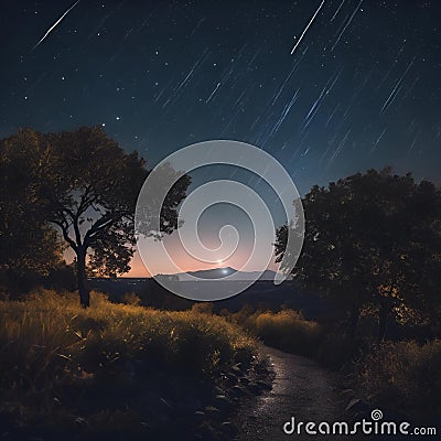 AI generated illustration of a trail winding through a forest illuminated by a starry night sky Cartoon Illustration