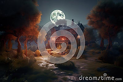 AI generated illustration of tranquil night with rocky cliffs and trees illuminated by the full moon Cartoon Illustration