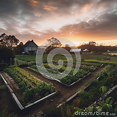 AI generated illustration of a tranquil outdoor garden on a rural farmstead Cartoon Illustration