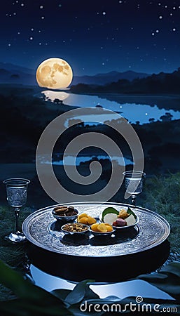 AI generated illustration of a tray with food against a lake at night Cartoon Illustration