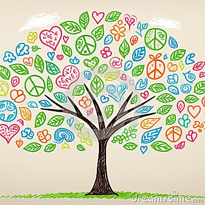 Illustration of trees whose leaves are symbols of positive messages and wishes for peace. Cartoon Illustration