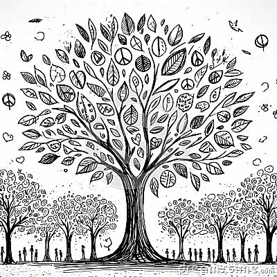 Illustration of trees whose leaves are symbols of positive messages and wishes for peace. Cartoon Illustration