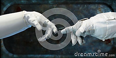 AI generated illustration of two astronauts' hands reaching out towards each other Cartoon Illustration