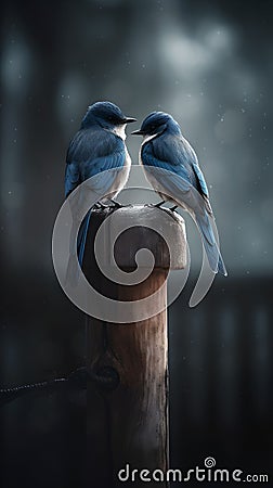 AI generated illustration of two blue birds perched atop a wooden post Cartoon Illustration
