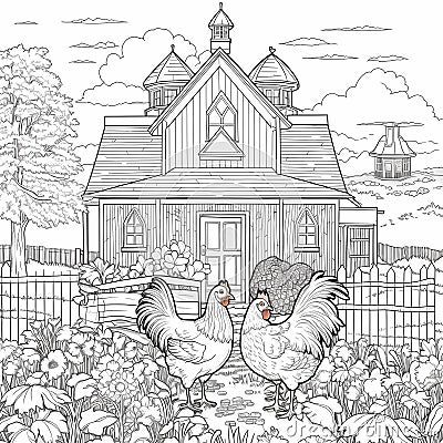 AI generated illustration of two chickens perched in front of a rural farmhouse - sketch drawing Cartoon Illustration