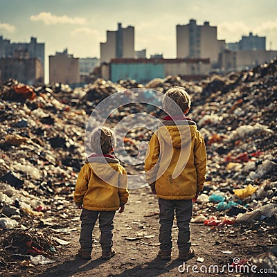 AI-generated illustration of two children standing in front of a pile of rubbish Cartoon Illustration