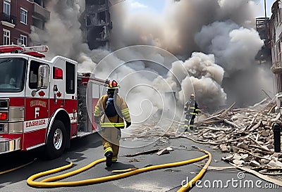 AI-generated illustration of two firefighters in protective gear using fire hoses to extinguish fire Cartoon Illustration