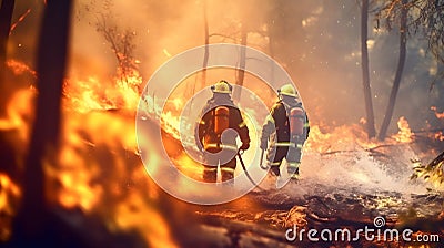 AI generated illustration of two firefighters wearing protective gear walking through a forest fire Cartoon Illustration