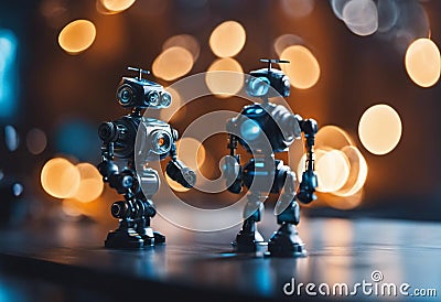 AI generated illustration of two futuristic robots standing side by side against a bokeh background Cartoon Illustration